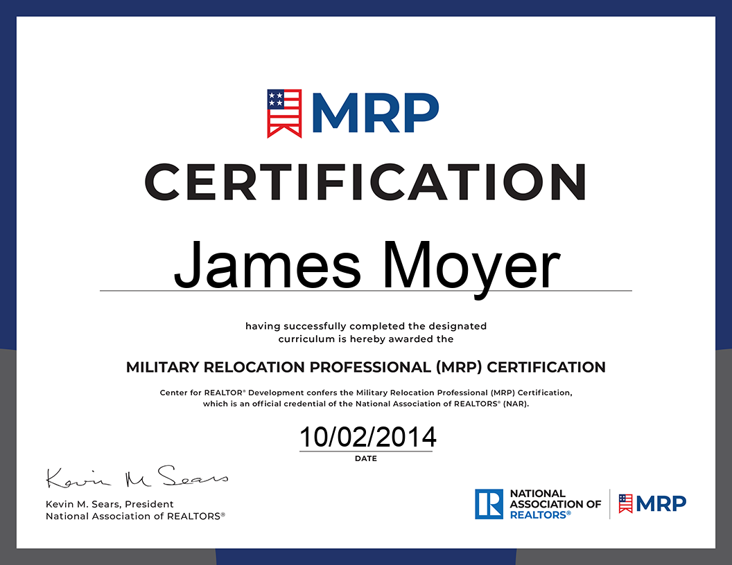 MRP® certificate for James Moyer, MRP® dated 10/02/2014
